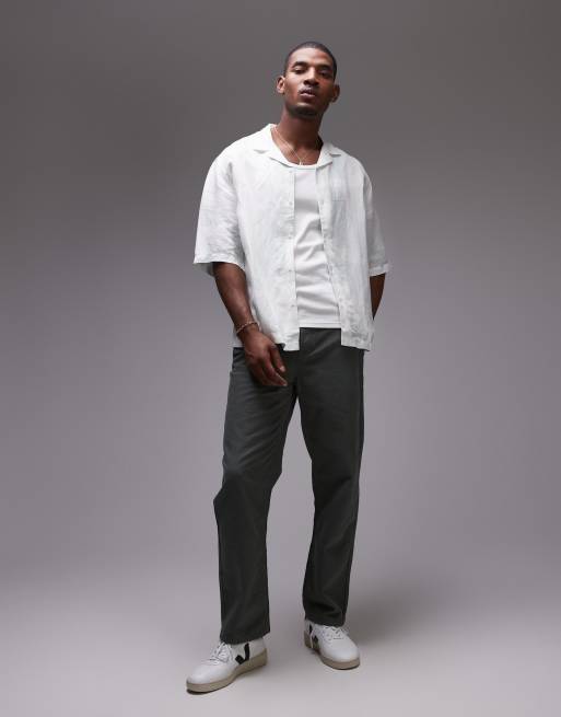 Topman - Camicia a maniche corte vestibilità comoda in misto lino verde geometrico