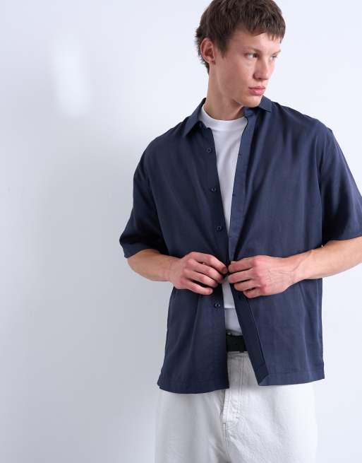 Topman - Camicia a maniche corte vestibilità comoda in twill color blu navy, 3 di 5