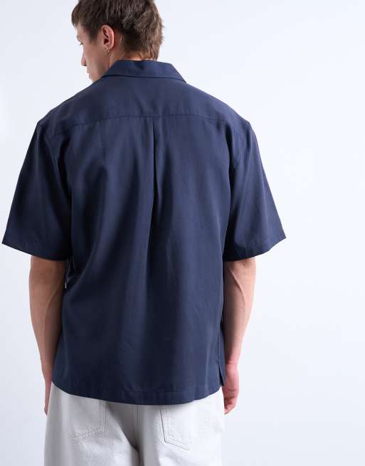 Topman - Camicia a maniche corte vestibilità comoda in twill color blu navy, 4 di 5
