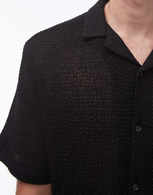 Topman - Camicia a maniche corte vestibilità comoda nera traforata all'uncinetto, 3 di 4
