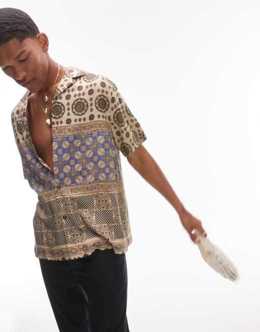 Topman - Camicia a maniche lunghe con colletto a rever e stampa stile bandana multicolore vestibilità classica