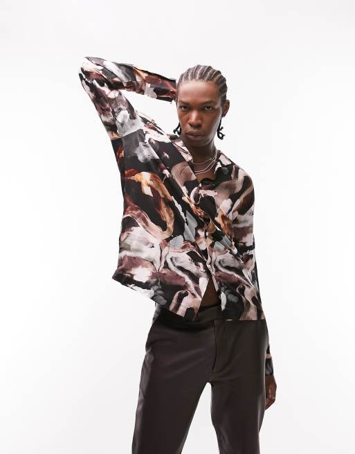 Topman - Camicia a maniche lunghe in viscosa con colletto a rever e stampa