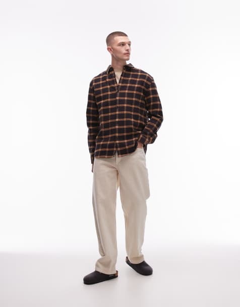 Topman - Camicia a maniche lunghe marrone a quadri spazzolata - view 1