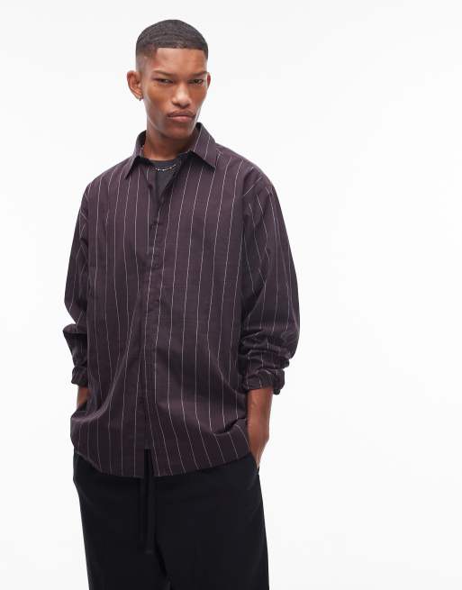 Topman - Camicia a maniche lunghe oversize marrone a righe