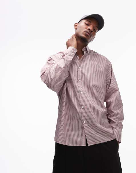 Topman - Camicia a maniche lunghe oversize rosso bruciato a righe - view 1