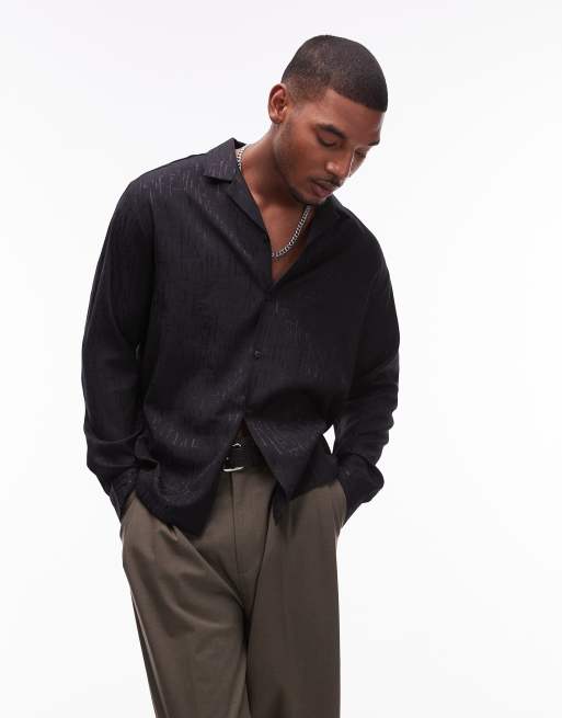 Topman - Camicia a maniche lunghe taglio comodo in jacquard nero con rever
