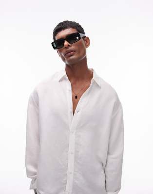 Topman - Camicia a maniche lunghe taglio comodo in misto lino bianca