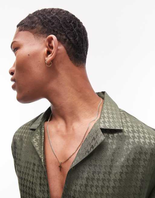 Topman - Camicia a maniche lunghe vestibilità classica kaki jacquard pied de poule con rever, 4 di 4