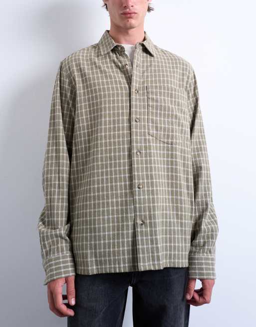 Topman - Camicia a maniche lunghe vestibilità comoda kaki a quadri effetto griglia, 2 di 5
