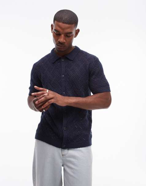 Topman - Camicia all'uncinetto blu navy con bottoni - view 1