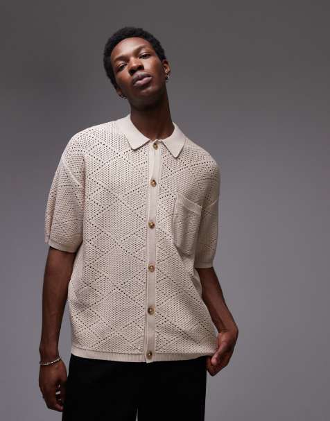 Topman - Camicia all'uncinetto in maglia color pietra con tasche - view 1