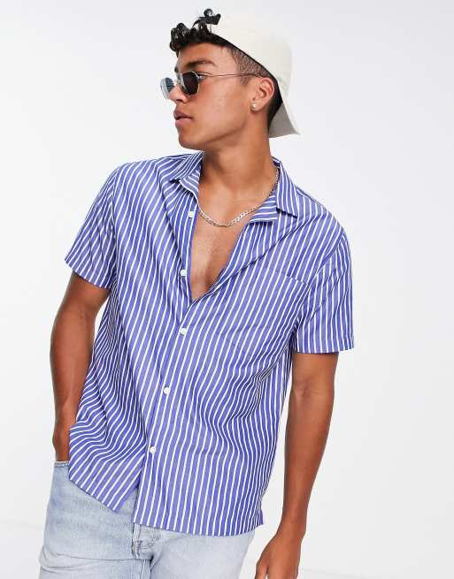 Topman - Camicia blu a righe con rever 