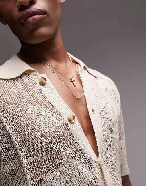 Topman - Camicia color pietra all'uncinetto trasparente con bottoni