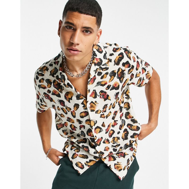 4xaBK Uomo Topman - Camicia color pietra con stampa animalier 