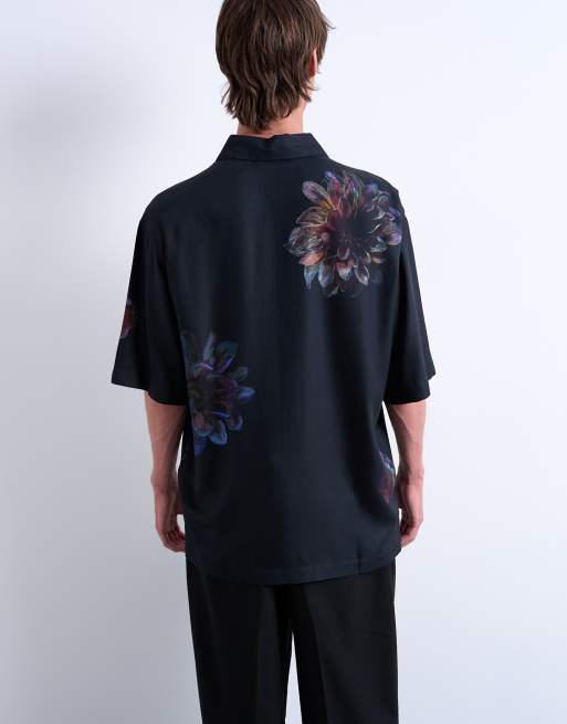 Topman - Camicia comoda a maniche corte in twill nera con stampe a fiori, 5 di 5