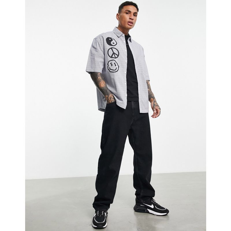 Camicie Uomo Topman - Camicia comoda a righe con stampa di graffiti, colore grigio