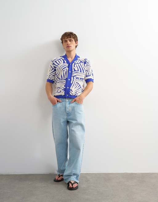 Topman - Camicia comoda blu con applicazioni floreali bouclé, 2 di 5