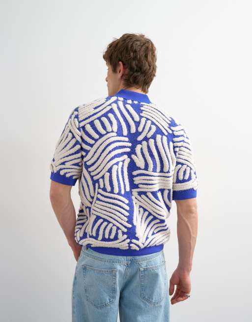 Topman - Camicia comoda blu con applicazioni floreali bouclé, 4 di 5