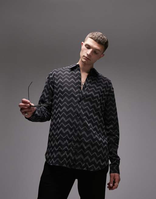 Topman - Camicia comoda da party a maniche lunghe blu navy con motivo a zig-zag