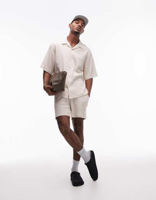 Topman - Camicia comoda in jersey color pietra lavorata a nido d'ape con bottoni