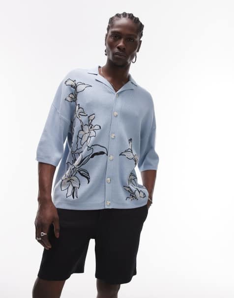 Topman - Camicia comoda in maglia azzurra con ricamo di fiori e rever - view 1