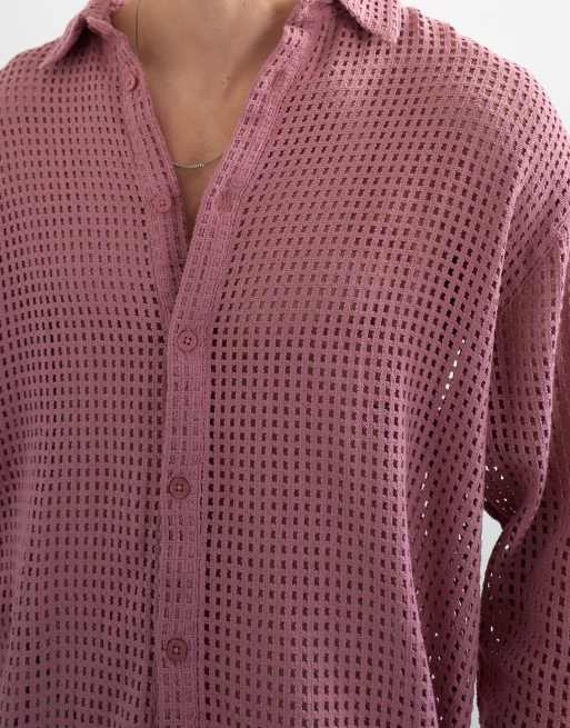 Topman - Camicia comoda in rete rosa slavato, 5 di 5