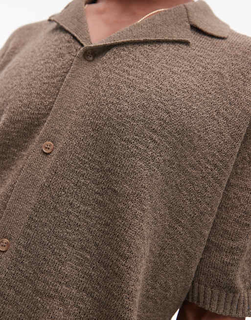 Topman - Camicia comoda kaki con cuciture in jersey, bottoni e rever, 3 di 4