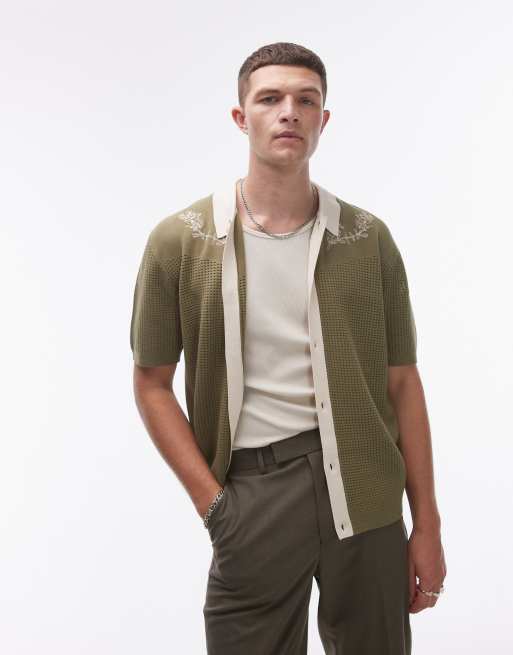 Topman - Camicia comoda kaki in maglia ricamata