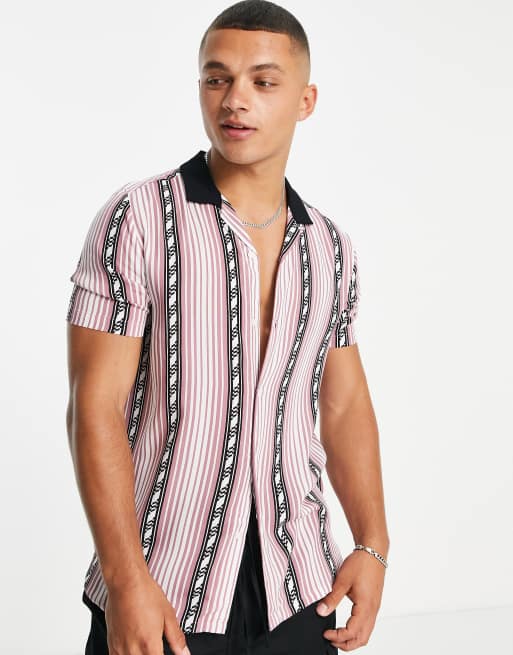 Topman - Camicia con colletto con rever mogano chiaro a righe