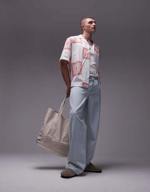Topman - Camicia con collo a rever a maniche corte bianca con stampa