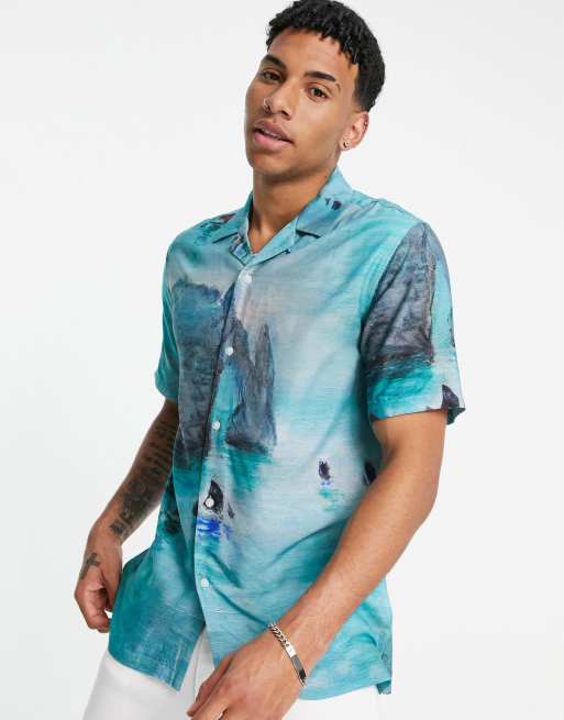 Topman - Camicia con stampa di barche di Claude Monet, colore blu
