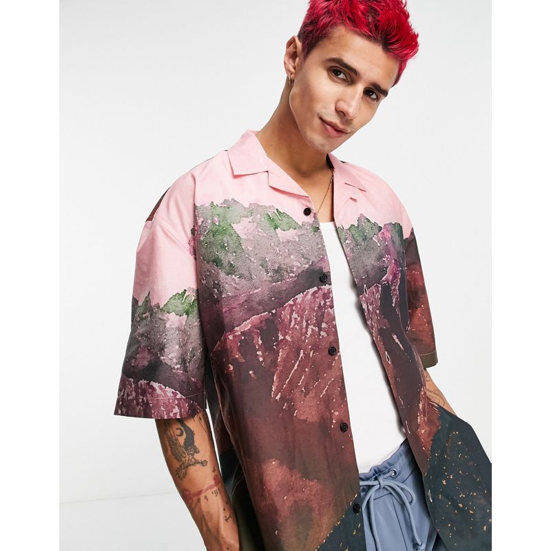 12AeU Uomo Topman - Camicia con stampa di foto multicolore 