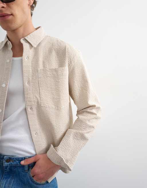 Topman - Camicia corta comoda in seersucker color pietra, 3 di 5