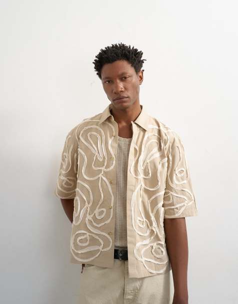 Topman - Camicia corta vestibilità comoda color pietra con applicazioni floreali in corda - view 1