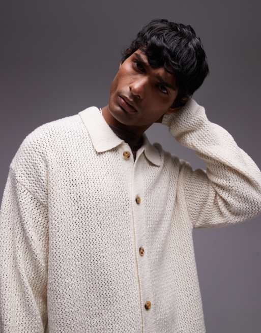 Topman - Camicia crema a maniche lunghe in maglia traforata
