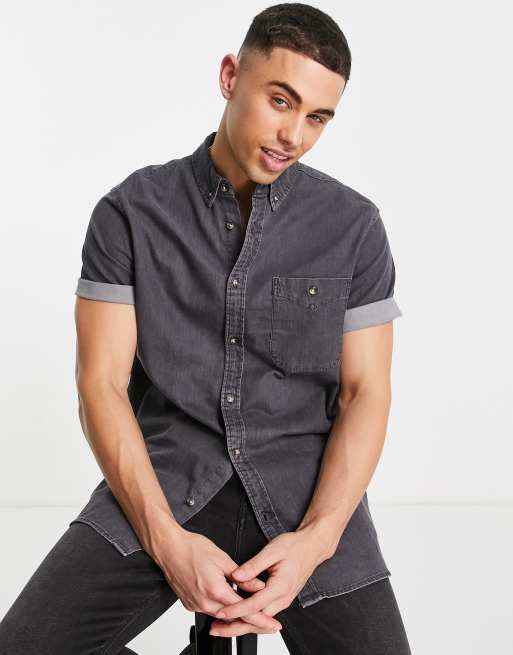 Topman - Camicia elasticizzata a maniche corte in denim nero slavato