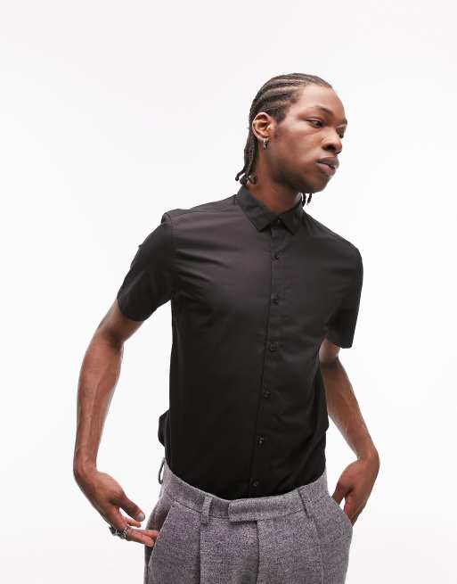 Topman Camicia elegante a maniche corte elasticizzata colore nero