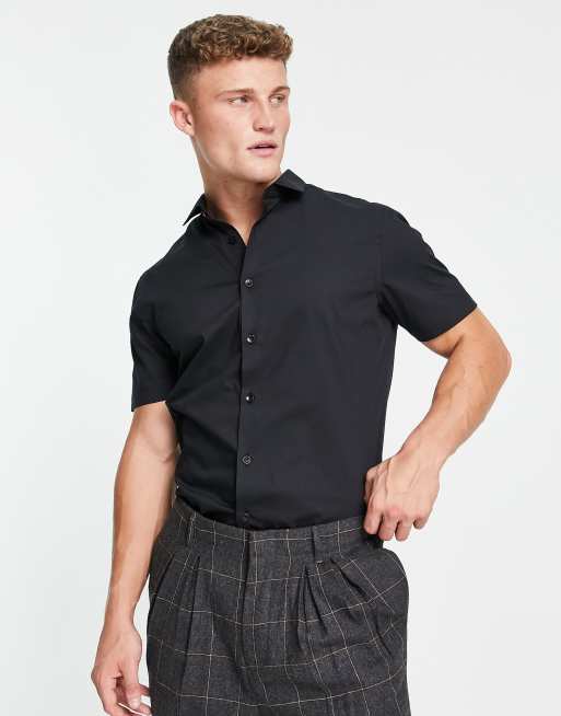 Topman - Camicia elegante a maniche corte elasticizzata, colore nero 