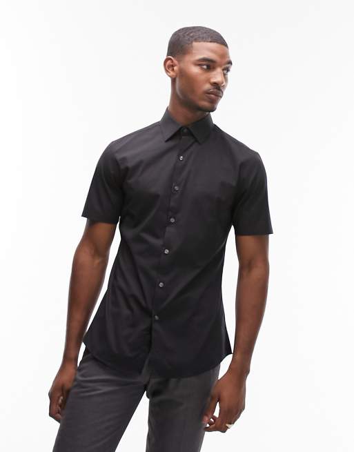 Topman - Camicia elegante a maniche corte nera slim fit