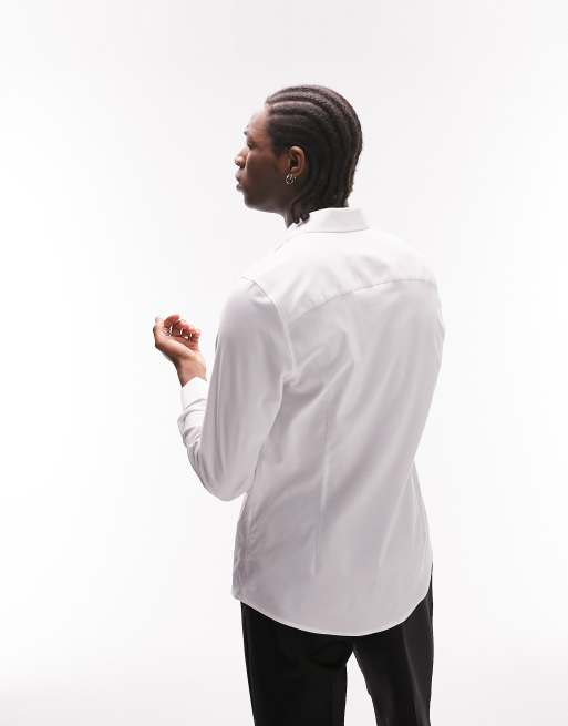 Topman - Camicia elegante a maniche lunghe elasticizzata skinny testurizzata bianca con polsini risvoltati con bottoni a pressione, 2 di 4