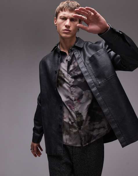 Topman - Camicia giacca a maniche lunghe in pelle sintetica invecchiata grigia - view 1