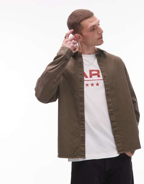 Topman - Camicia giacca a maniche lunghe in tela kaki slavato - view 1