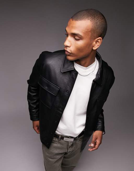 Topman - Camicia giacca in pelle sintetica nera