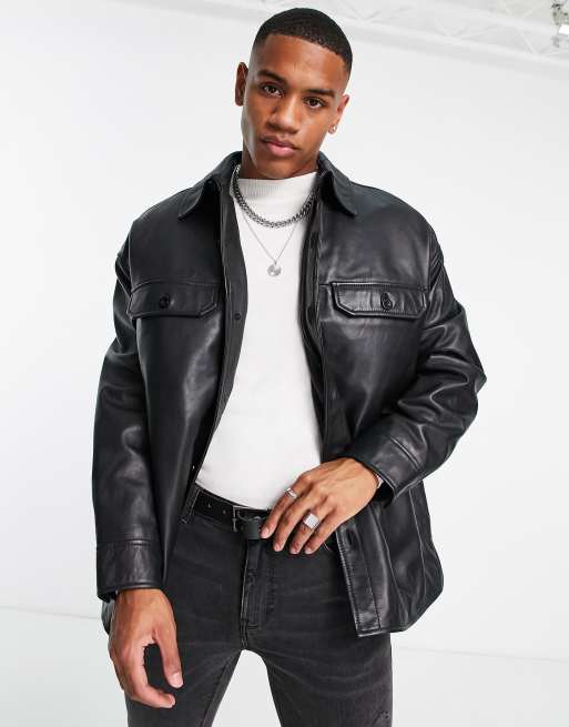 Topman - Camicia giacca in vera pelle nera