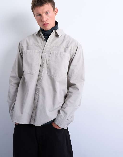 Topman - Camicia giacca vestibilità classica in tessuto ripstop color pietra slavato, 3 di 5