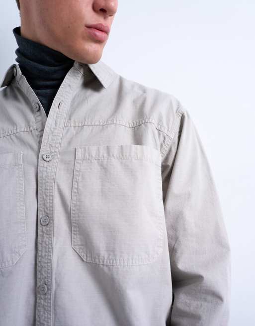Topman - Camicia giacca vestibilità classica in tessuto ripstop color pietra slavato, 5 di 5