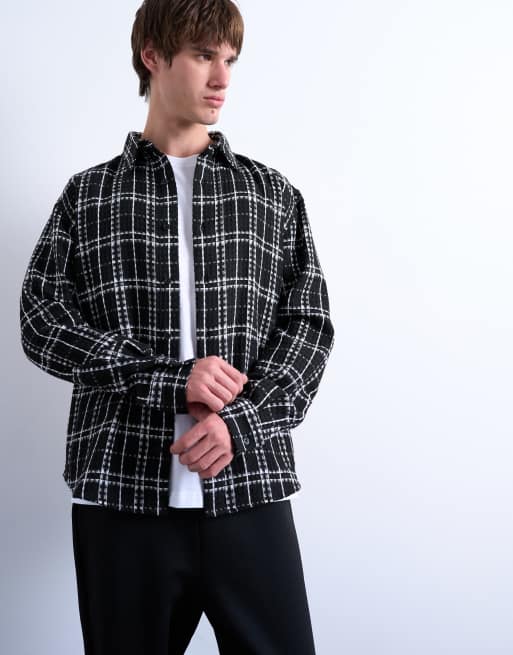 Topman - Camicia giacca vestibilità classica nera testurizzata a quadri, 3 di 5