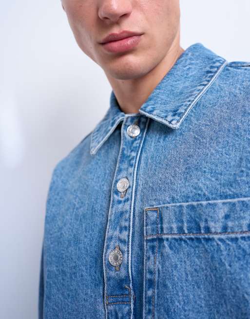 Topman - Camicia in denim comoda lavaggio medio, 4 di 5