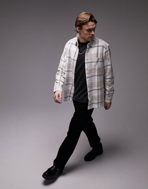 Topman - Camicia in flanella spazzolata color pietra a quadri