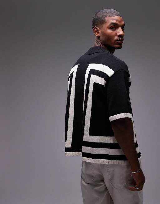 Topman - Camicia in maglia all'uncinetto nera con bottoni e righe verticali, 4 di 4